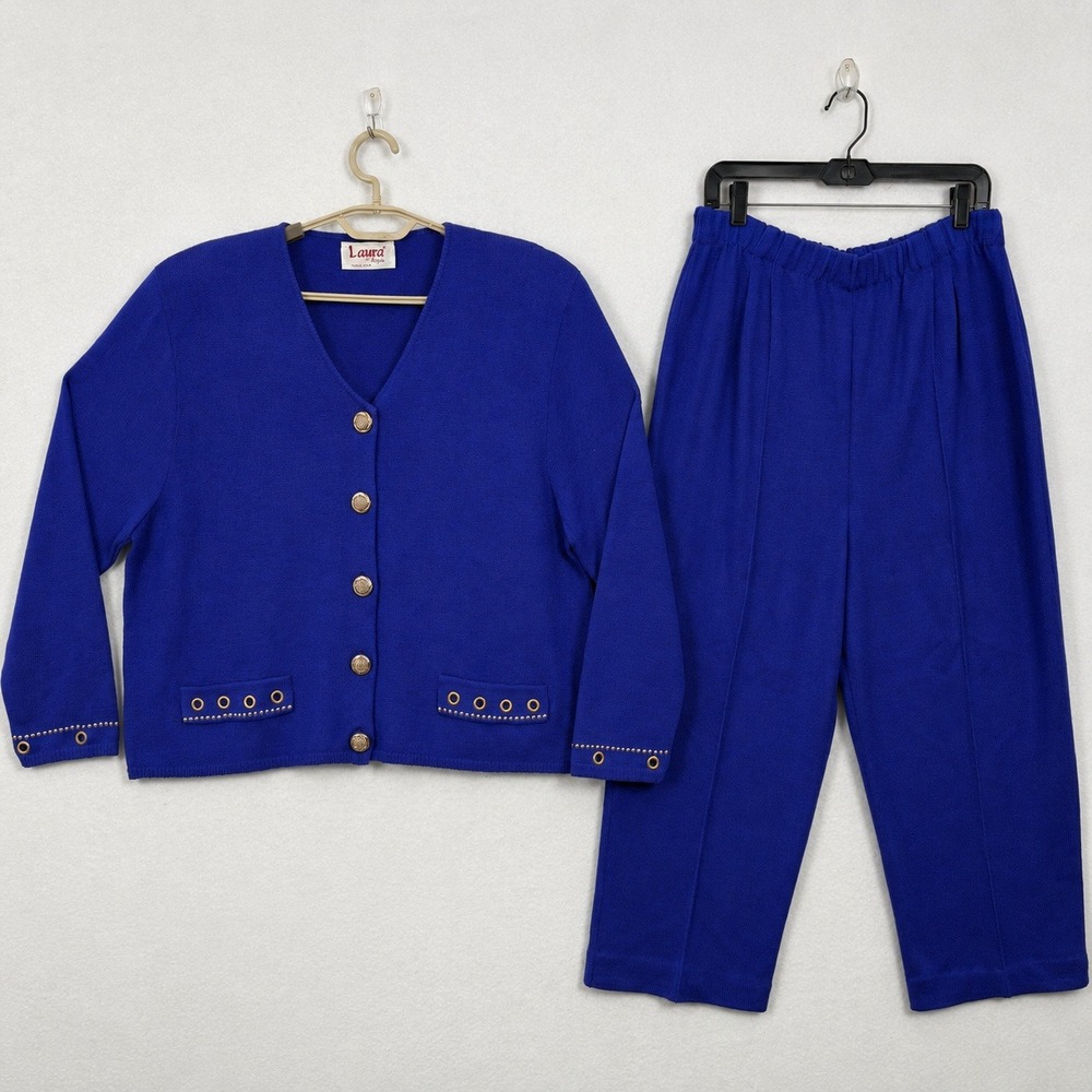 Vintage Laura by Alyzia Royal Blue Knit Cardigan Pants Set 18 Classic Old Money